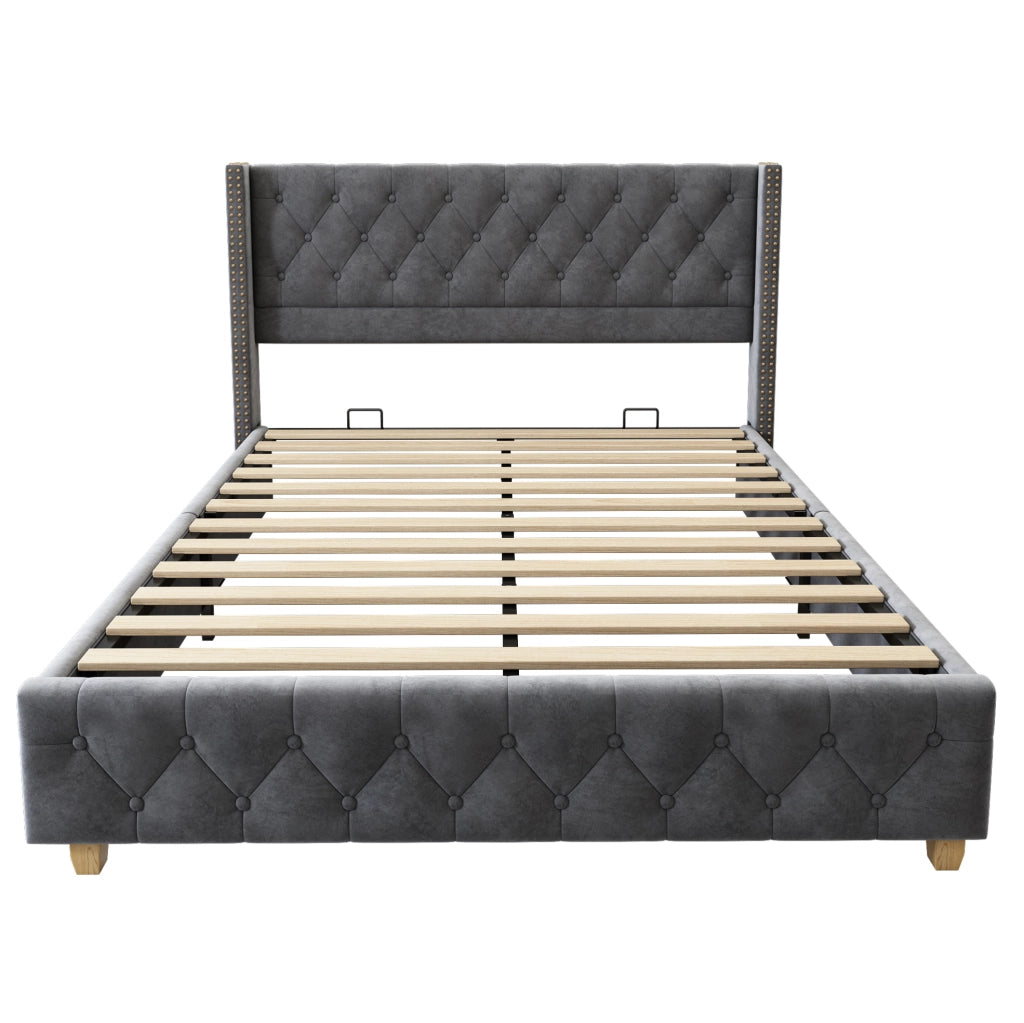 Letto imbottito 160x200 cm con testiera e rete a doghe; velluto grigio