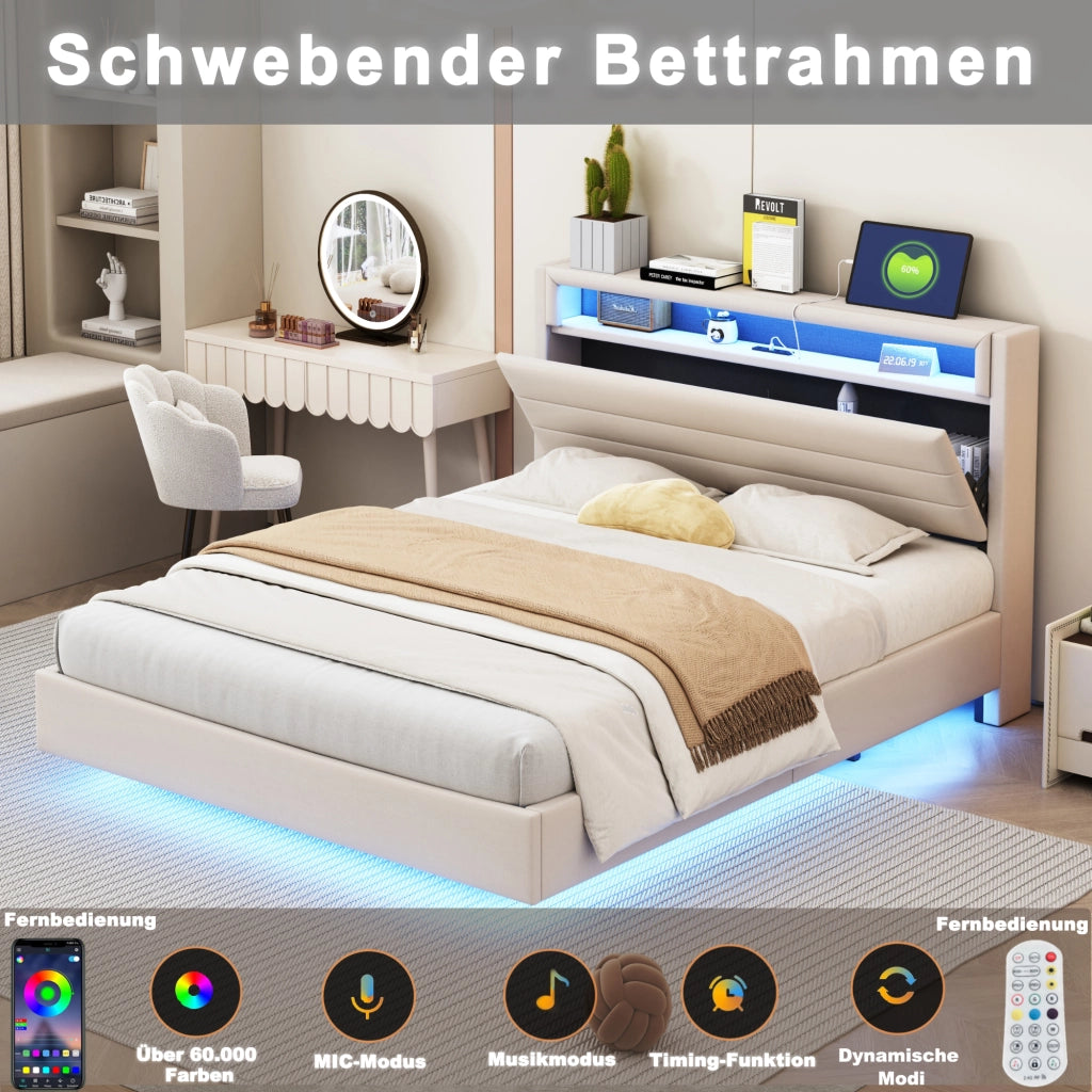 OKWISH Letto Imbottito 160×200 cm, Letto Matrimoniale con Presa USB, LED Regolabile e Testiera Reversibile, senza Materasso, Beige