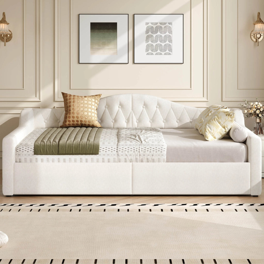 Letto da giorno imbottito 140x200 cm con LED e contenitore beige