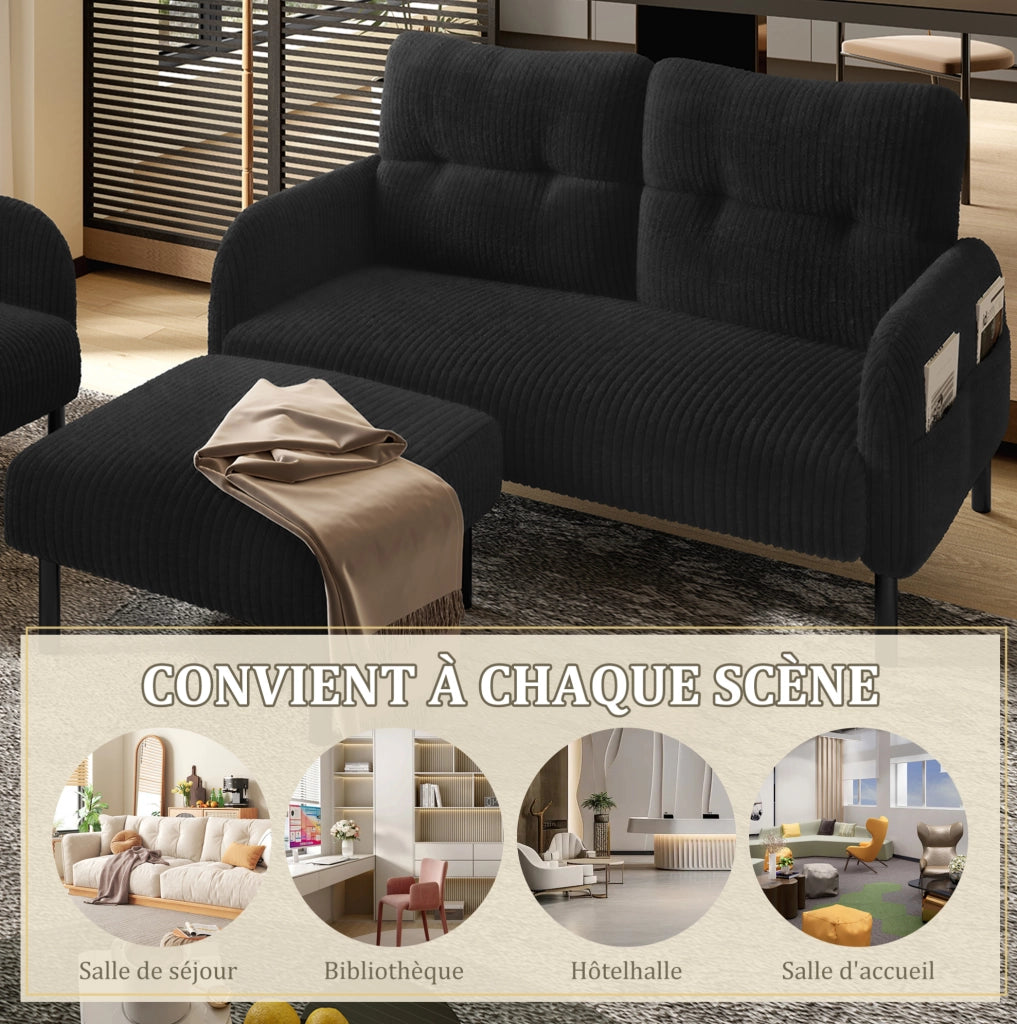 Set divano 3 pezzi con tasca laterale in corduroy nero