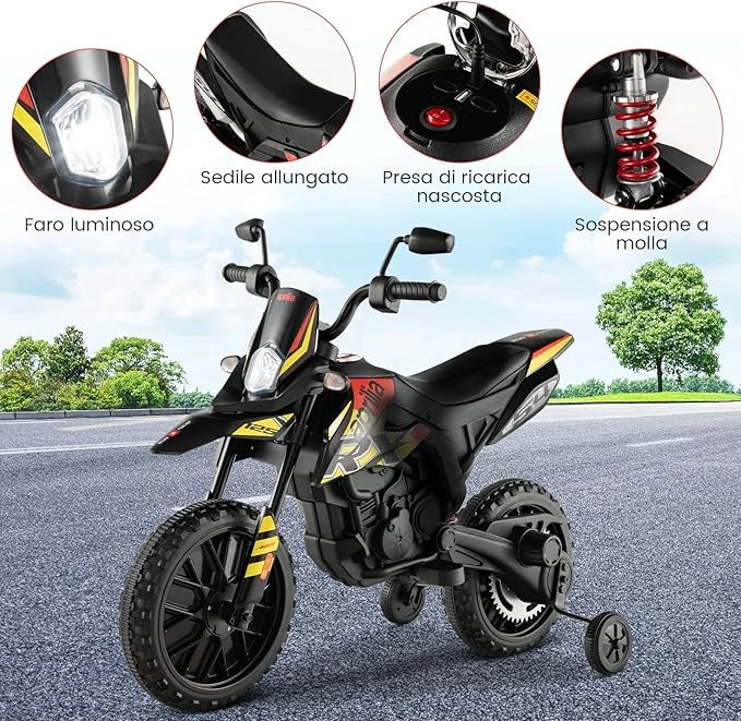 12V Aprilia Moto Cavalcabile per Bambini, Motocicletta Elettrica con Ruote Ausiliarie e Musica Wireless, Sospensione a Molla, Moto Elettrica alla Moda per Bambini 3-8 Anni (Nero)
