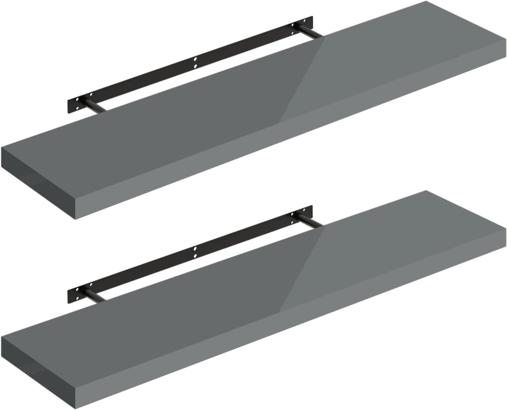 Mensola da Muro, Set di 2, Scaffale Sospeso da Parete Libreria Piccola per Soggiorno Cameretta Porta CD DVD, Pannello MDF 100x22,9x3,8cm, Grigio Lucido, RG9482gr-2