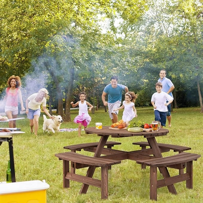 Set Tavolo da Giardino con 4 Panche Integrate, Legno Massiccio, con Foro Ombrellone, per 4-8 Persone, Tavolo Rotondo da Picnic per Esterno, Ogni Panca Porta 225 kg, 178 x 178 x 70 cm