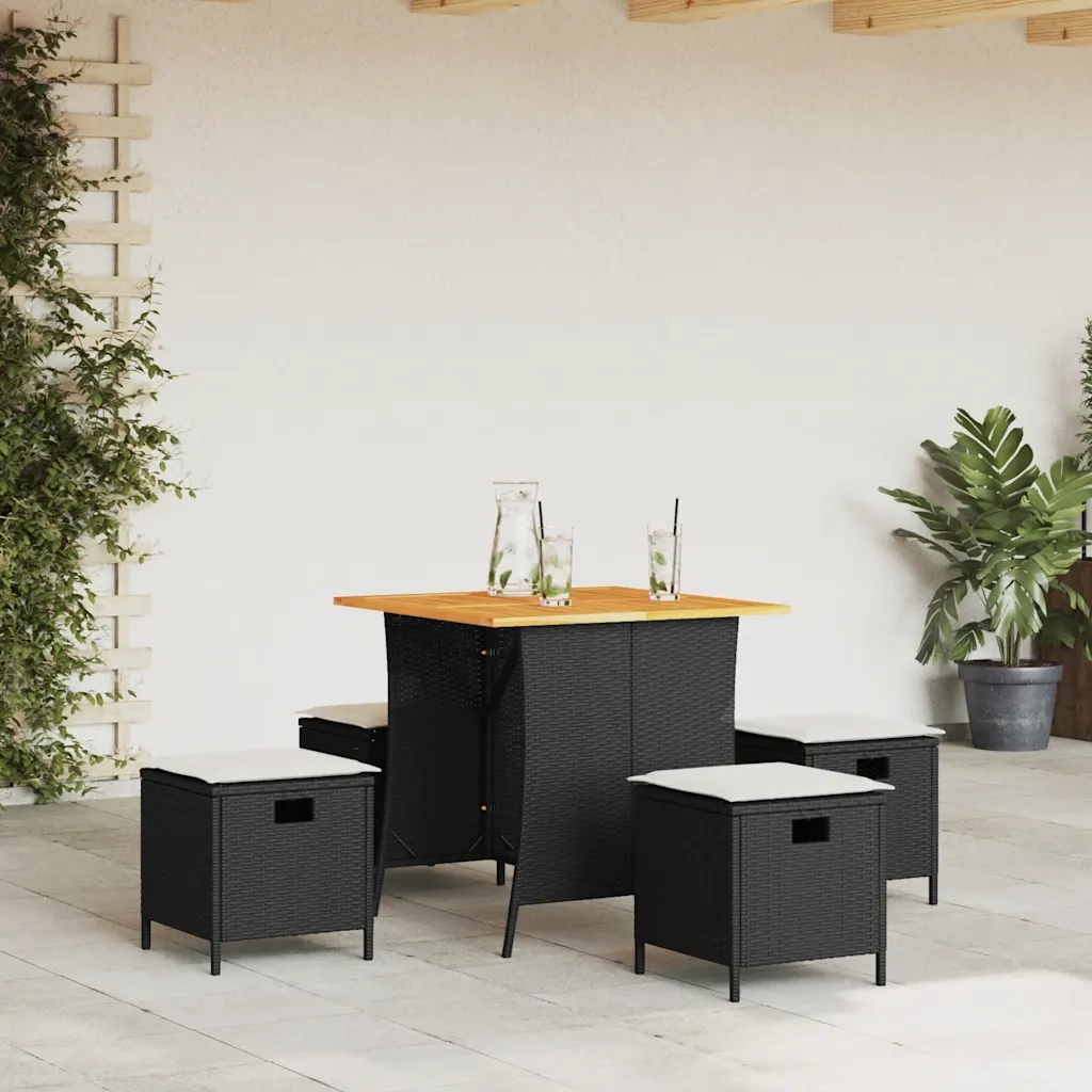 Set da Pranzo da Giardino 5 pz Nero con Cuscini in Polyrattan