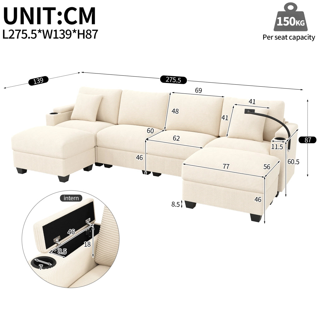 DIVANO angolare modulare U 275,5x139x87 cm in velluto a coste beige