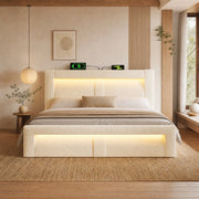 Letto matrimoniale 140x200 cm con contenitore, LED e porte USB, in velluto beige
