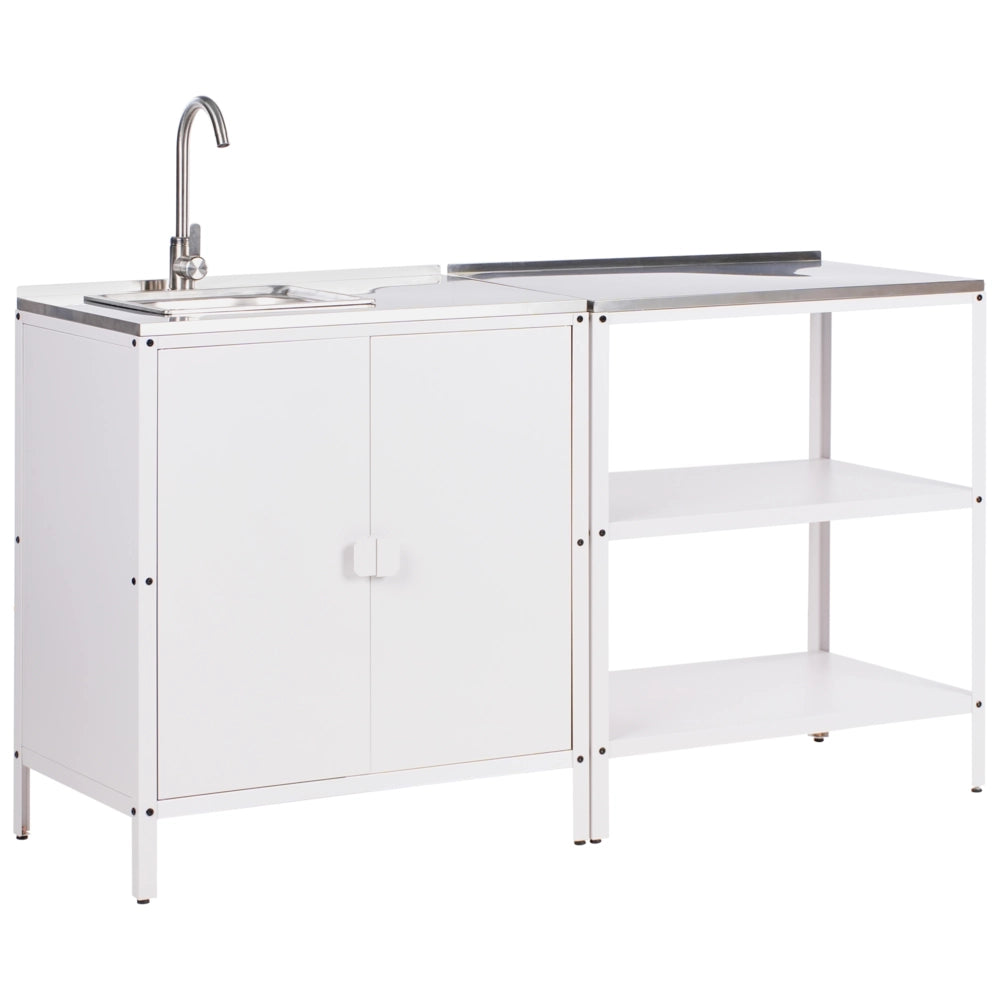 Set di 2 elementi per la cucina all'aperto in acciaio inox bianco con portaoggetti e lavello cucina da esterno