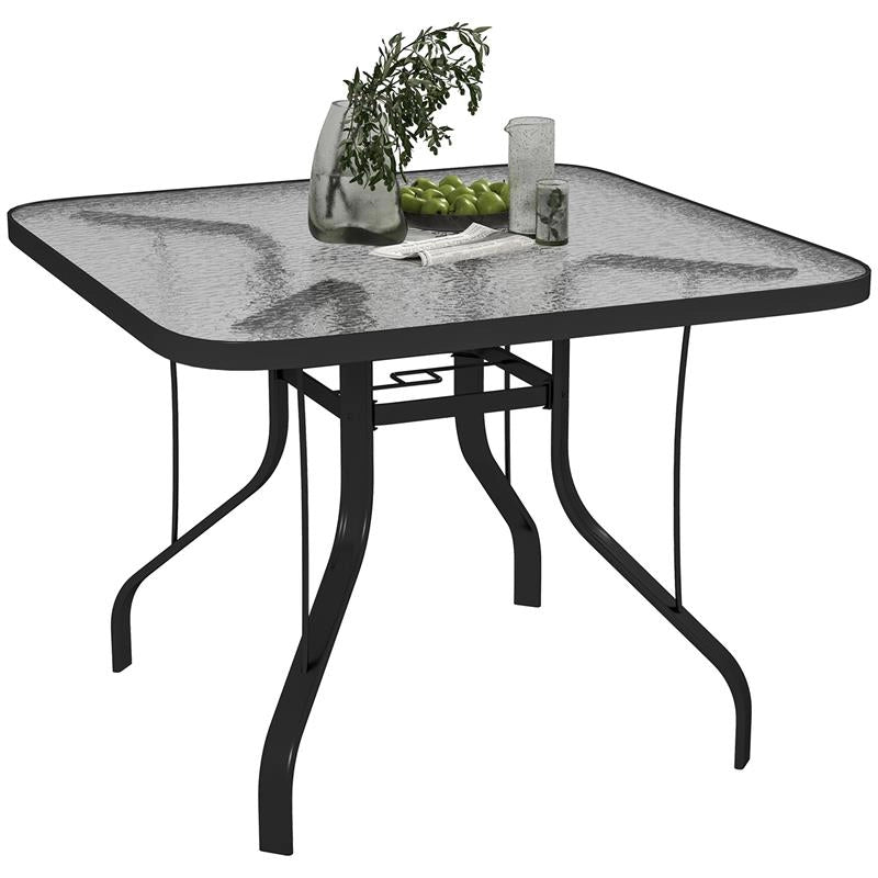 TAVOLO DA GIARDINO QUADRATO A 4 POSTI CON PIANO IN VETRO E FORO PER OMBRELLONE Ø 54 MM NERO