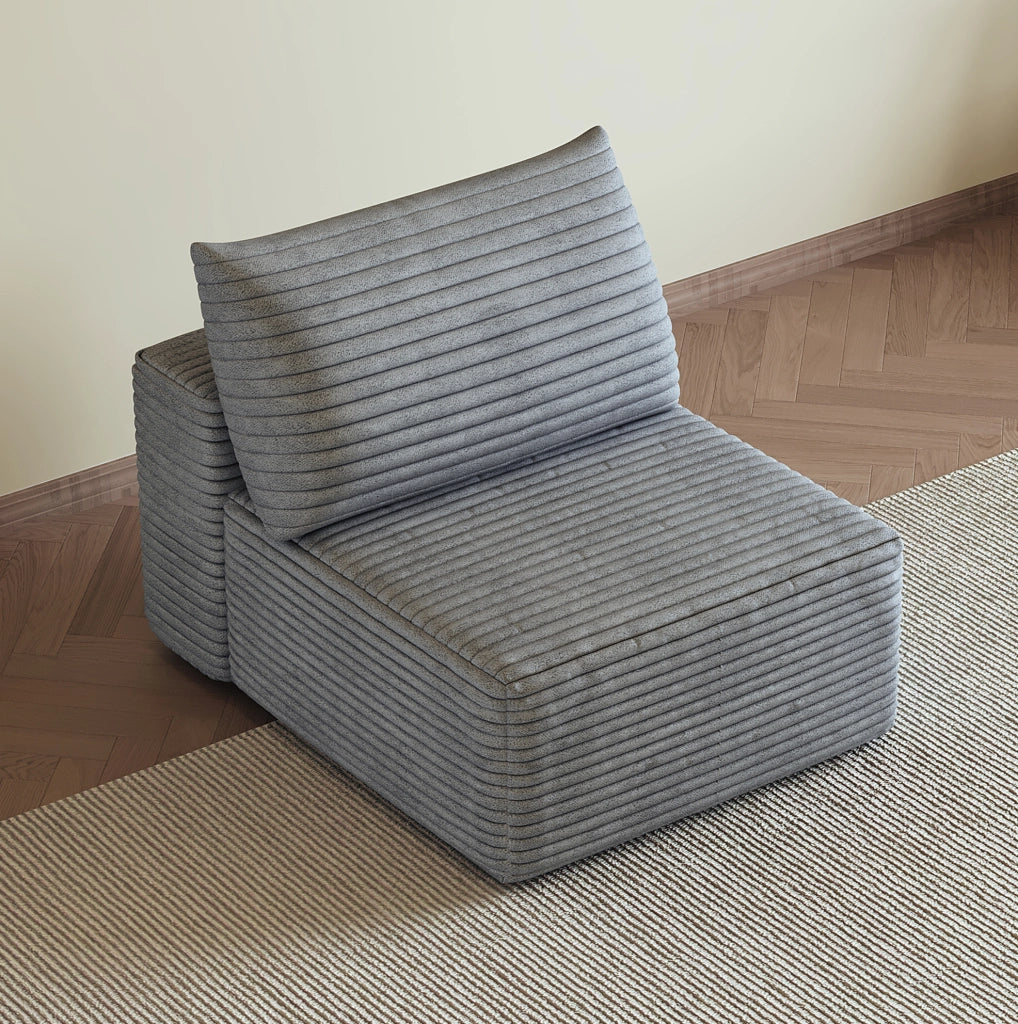 Divano singolo modulare con chaise longue in tessuto effetto velluto, grigio