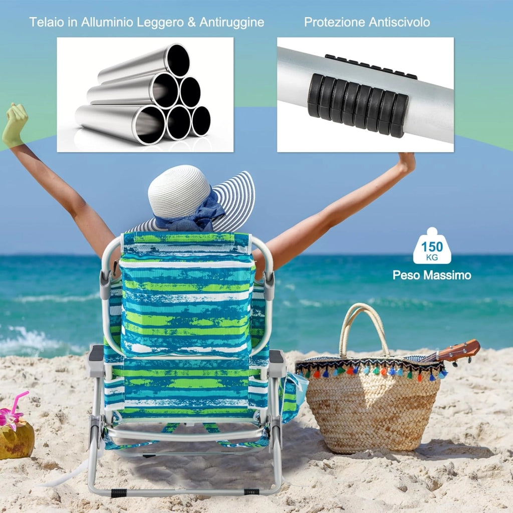 Sedia da Spiaggia, Sdraio Pieghevole a 5 Posizioni con Portabicchieri, Poltrona da Spiaggia con Cuscino per Testa e Zaino, Sedia da Campeggio Portatile, Portata 150 kg (Blu e Verde,1)