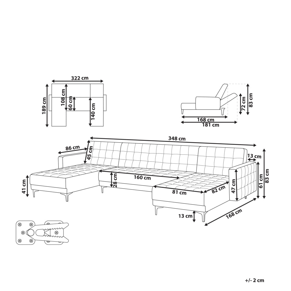 Divano letto ad angolo in tessuto trapuntato in velluto verde acqua moderno a forma di U componibile a 5 posti con chaise longue
