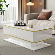 Tavolino da caffè 100x50x40 cm con 3 cassetti e LED in pannello di particelle bianco e oro