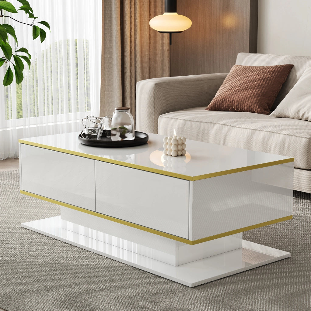 Tavolino da caffè 100x50x40 cm con 3 cassetti e LED in pannello di particelle bianco e oro