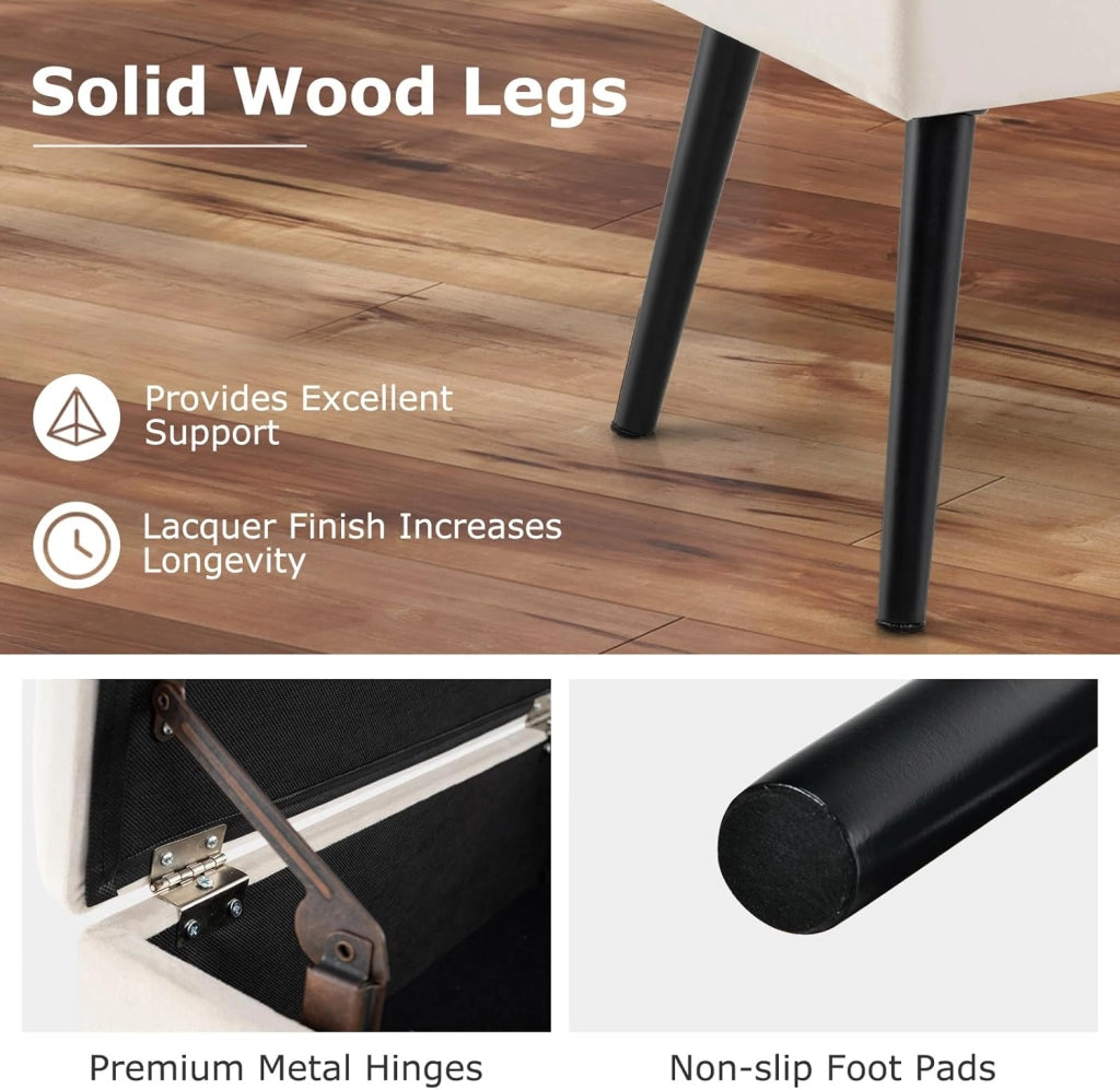 Sgabello in Velluto con Contenitore, Poggiapiedi per Soggiorno con Gambe in Legno Massello, Coperchio Ribaltabile, Sgabello per Cambiare Scarpe all’Ingresso (Beige)