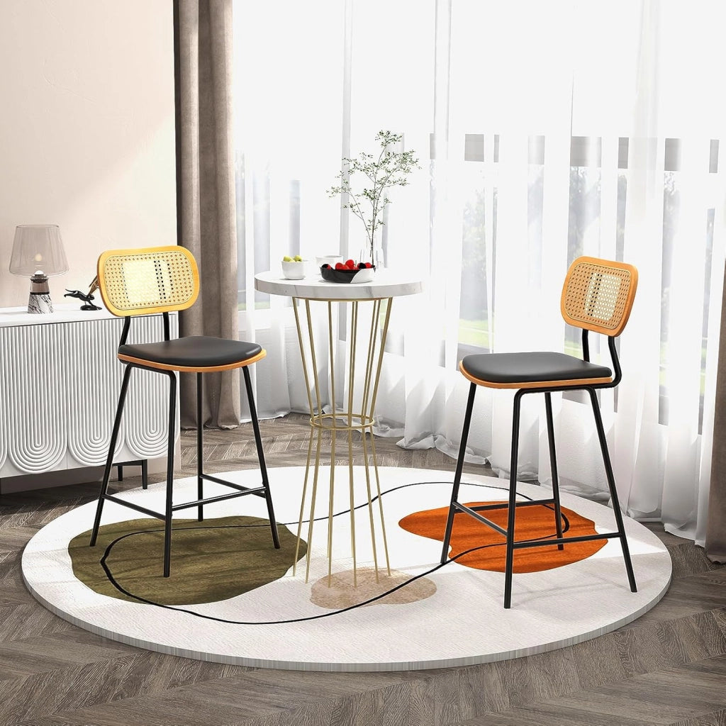 Set di 2 sgabelli da bar, sedia da bar con schienale in rattan, gambe in metallo, sedie da pranzo con seduta curva imbottita e poggiapiedi a 3 lati, per cucina, soggiorno