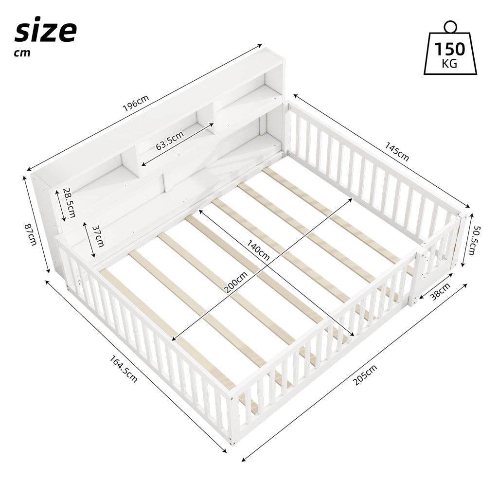 LETTO GIORNO 140x200 cm in pino e MDF bianco con sponde e vani laterali