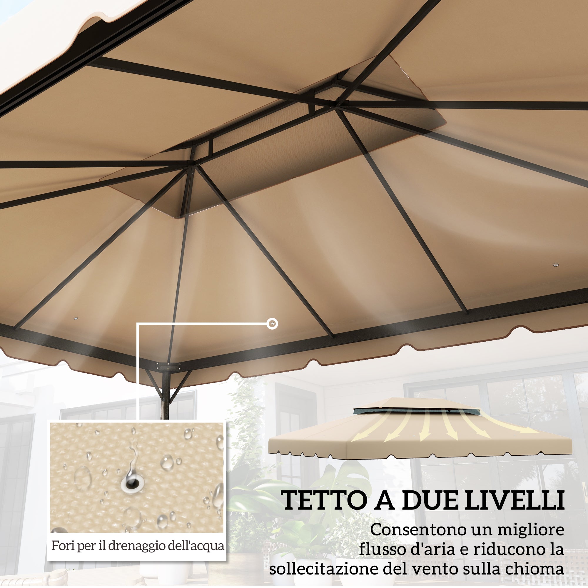 Tetto per Gazebo 3x4 m a 2 Livelli con 8 Fori di Drenaggio in Poliestere Bianco Crema