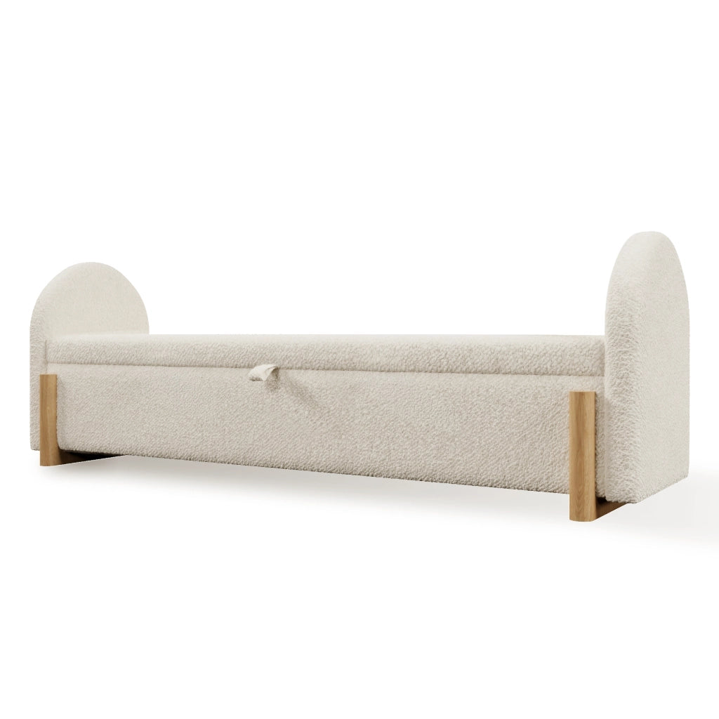 Panca contenitore con apertura ammortizzata e gambe in legno - in bouclé bianco