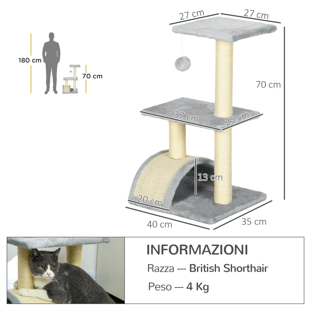 Albero Tiragraffi per Gatti a 3 Livelli 40x35x72 cm con Tiragraffi Grigio Chiaro