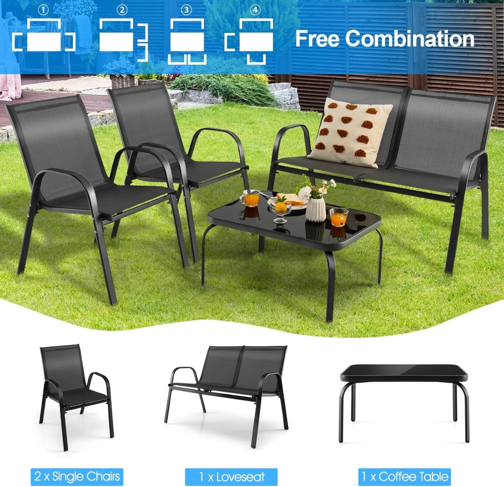 Set Mobili da Giardino da 1 Tavolino in Vetro Temperato 2 Poltrone e 1 Divano a 2 Posti, Moderno Set di Mobili da Giardino per Balcone, Cortile, Piscina, Grigio