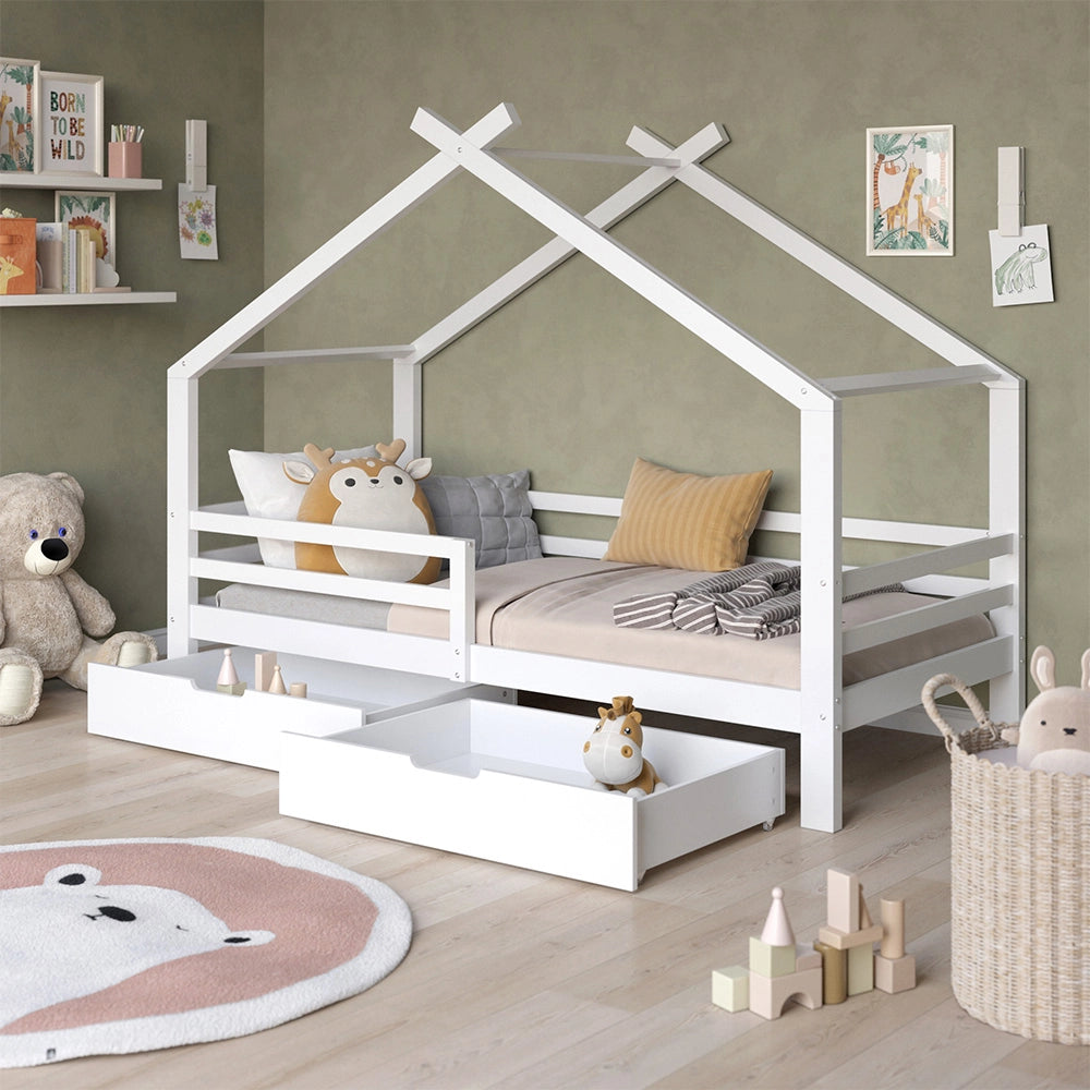 Vitalispa Letto montessori bambini Bianco 200 x 90 cm con cassetti e materasso