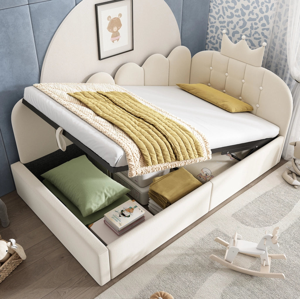 Letto da giorno contenitore 90x190 cm; design a corona e griglia; velluto beige