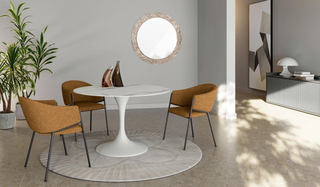 Tavolo Side Fisso Rotondo 120cm, Piano in Ceramica Marmo Bianco e Struttura in Metallo Bianco, Design Minimale - Tavolo Moderno