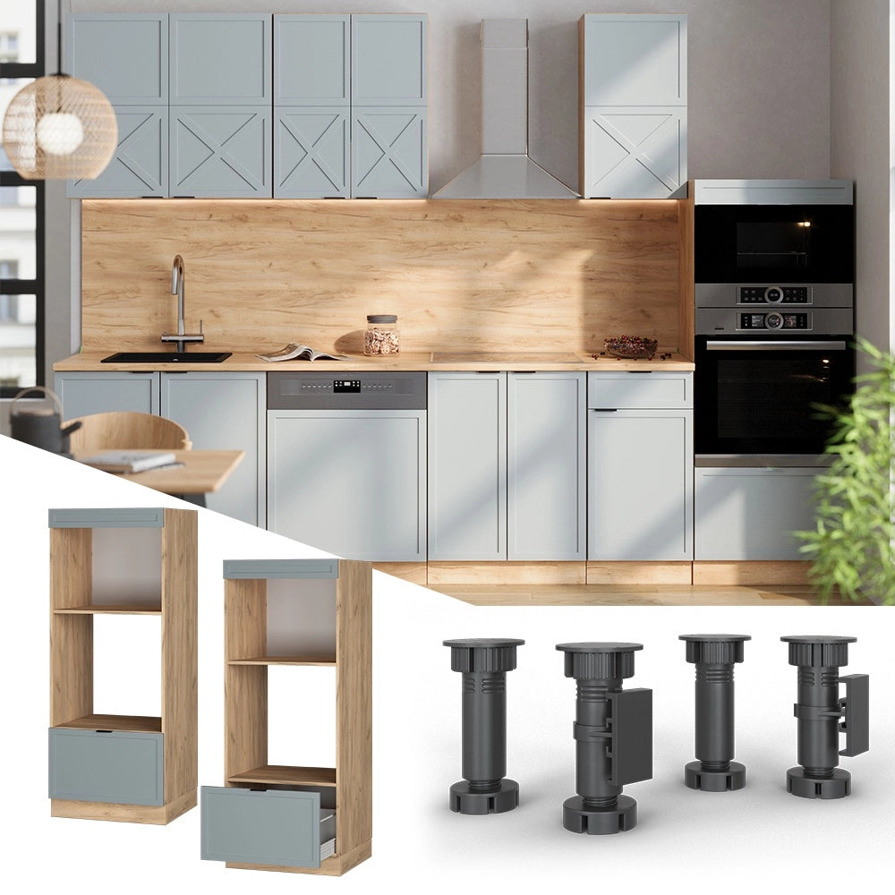 Mobile cucina microonde Fame-Line Blu-grigio chiaro/Rovere dorato 60 cm aperto Vicco