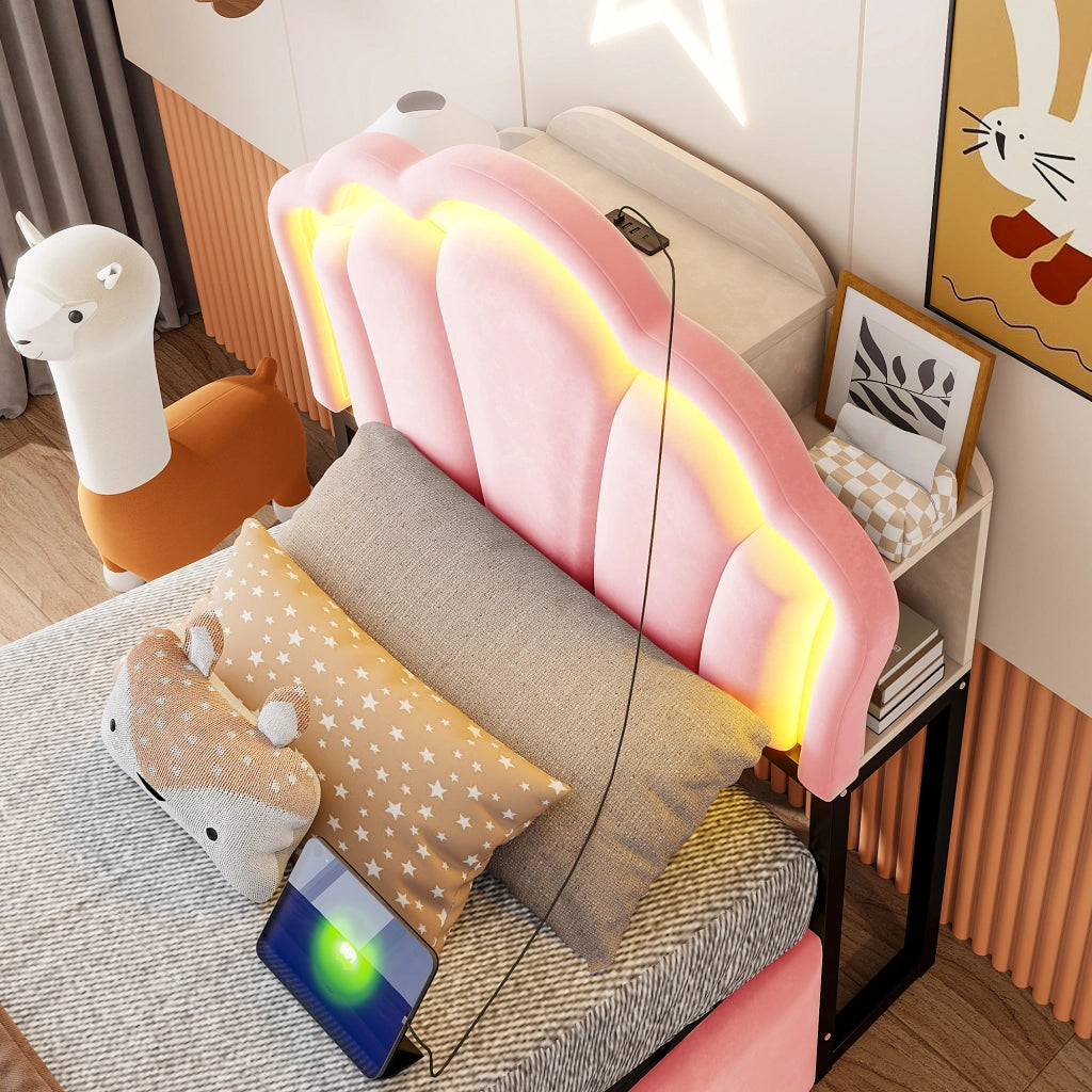 LETTO imbottito 90x200 cm in velluto rosa con LED, prese e contenitore idraulico
