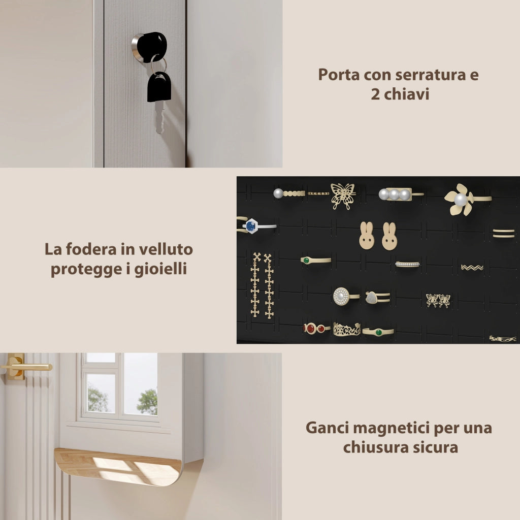 Specchiera Portagioie con Specchio Illuminato e Serratura ¨C zephmum ¨C Bianco 37x10x120 cm