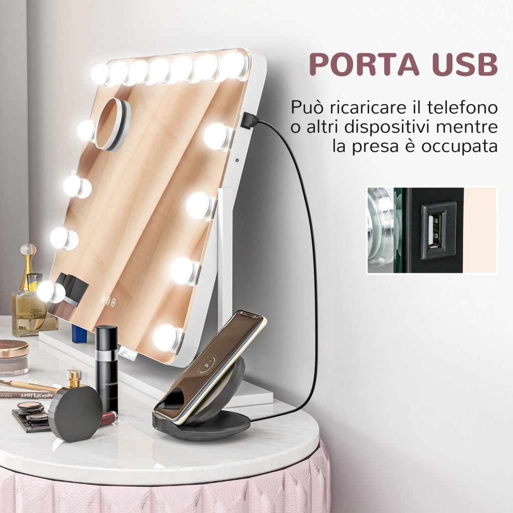 Specchio da Tavolo in Vetro con 14 Luci LED Regolabili e Ricarica USB 62,5x14x49,5 cm  per Trucco Make up Bianco