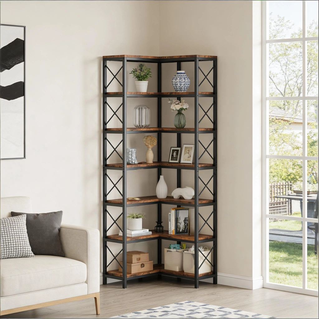 Libreria angolare in metallo e legno, design industriale, 7 ripiani, nero e marrone rustico