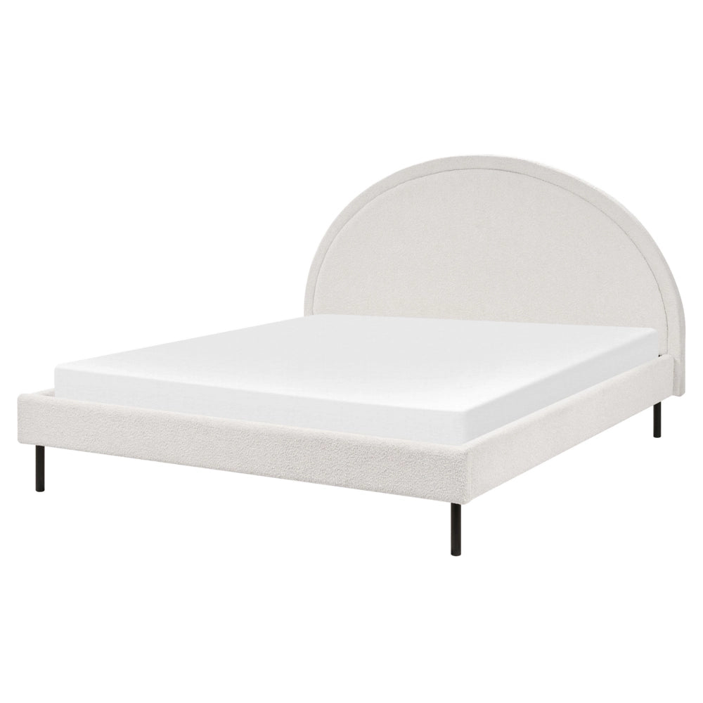 Letto matrimoniale in poliestere bouclè bianco imbottito con base a doghe e testiera rotonda 160 x 200 cm minimalista retrò