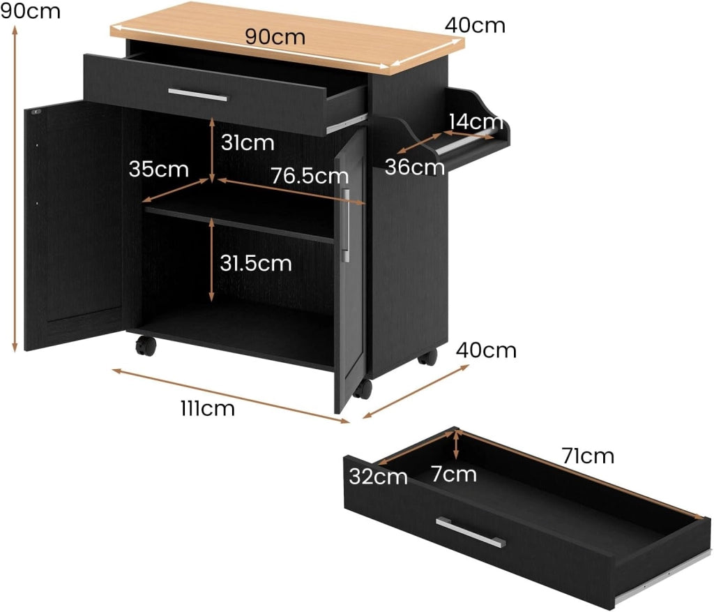 Carrello da Cucina Isola Mobile con Piano di Lavoro, 111 x 40 x 90 cm, in Legno, con Cassetto e Ruote