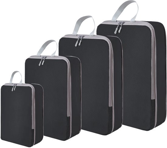 Set di 4 borse di compressione organizzate per valigie - Borse da viaggio spaziatrici, leggere e comprimibili (nero)
