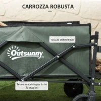 Carrello da Giardino da 72L Pieghevole con Pannello Apribile, in Acciaio e Poliestere, 114x46x65-92 cm, Verde