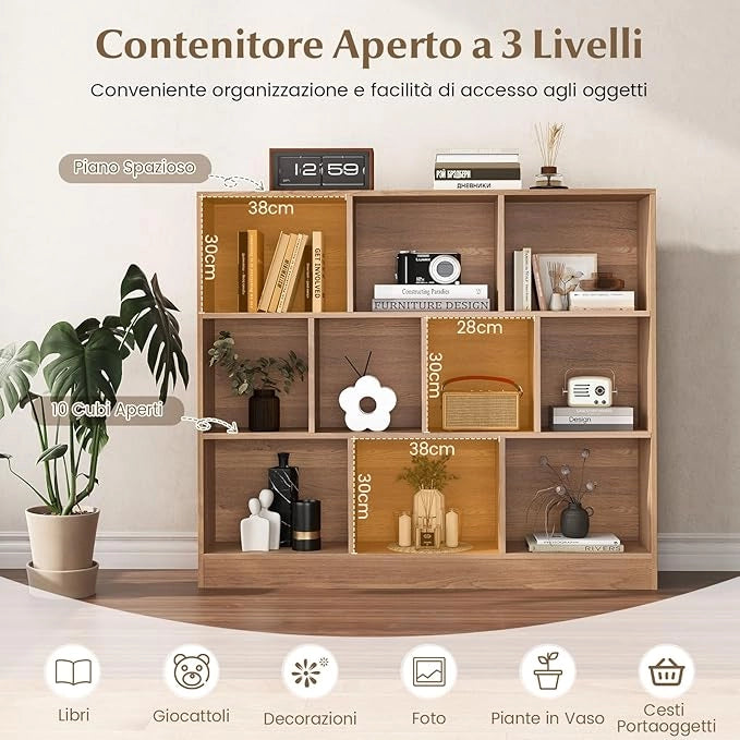 Libreria a 10 Cubi, Organizzatore di Stoccaggio a 3 Ripiani con 2 Kit Anti-Ribaltamento, Scaffale Multiuso in Legno per Soggiorno Camera da Letto Ufficio, 120x24x104 cm (Naturale)