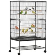 Gabbia per Uccelli da Interni in Legno con Vassoio, 4 Ruote e Trespolo, 78x52x132cm