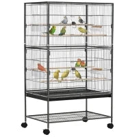 Gabbia per Uccelli da Interni in Legno con Vassoio, 4 Ruote e Trespolo, 78x52x132cm