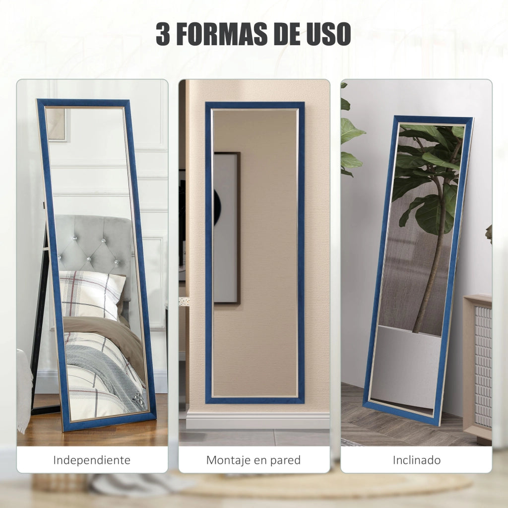 Specchio da Parete 150x50 cm con Cornice Velluto e Supporto ¨C zephmum ¨C Blu