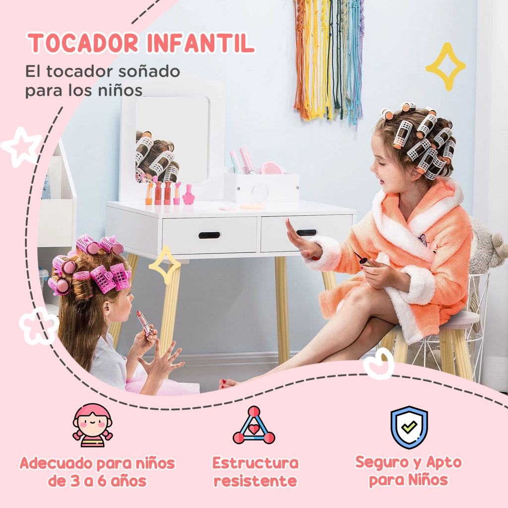Tocador per Bambini con Specchio e 2 Cassetti ¨C zephmum ¨C Bianco 60x40x95cm