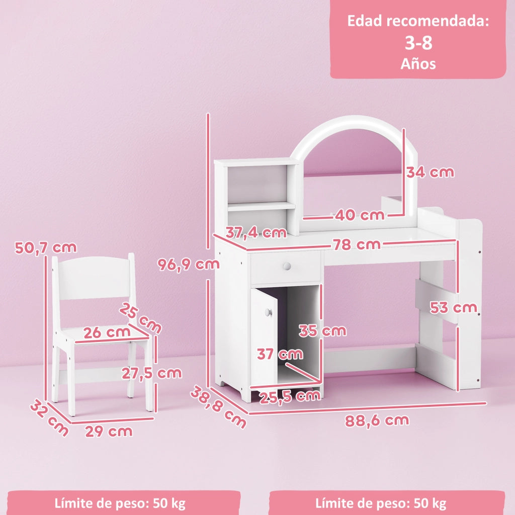 Tocador de Maquillaje per Bambini con Specchio LED e Cassetto ¨C Zephmum ¨C Bianco