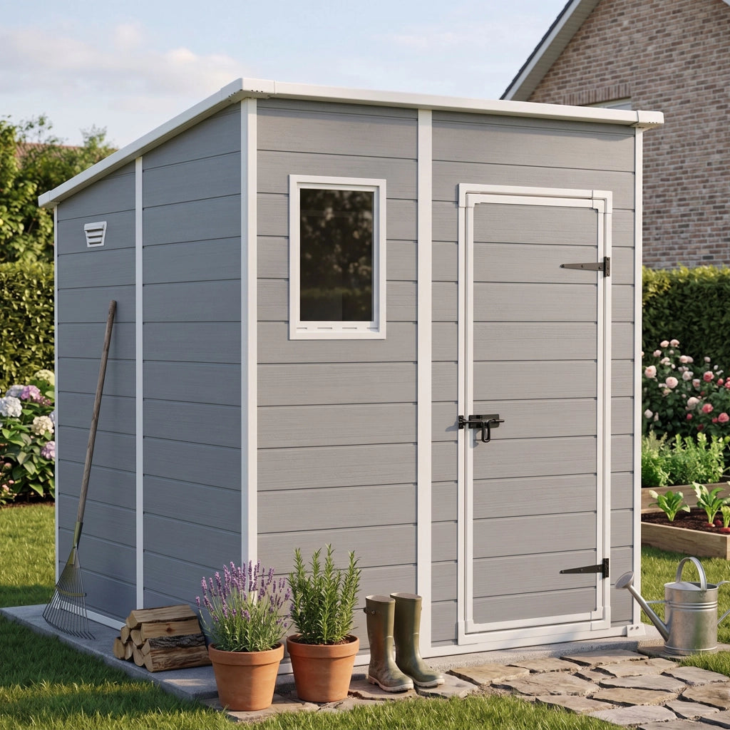 Manor Pent 6x6 - Casetta da Giardino 183,50x200x185 cm 1 Anta per deposito attrezzi finitura effetto legno graffiato in Resina Grigio
