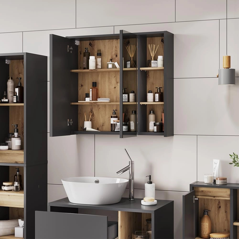 Mobile a specchio per il bagno Viola, Grigio/Artisan, 80 x 75 cm con ripiani aperti