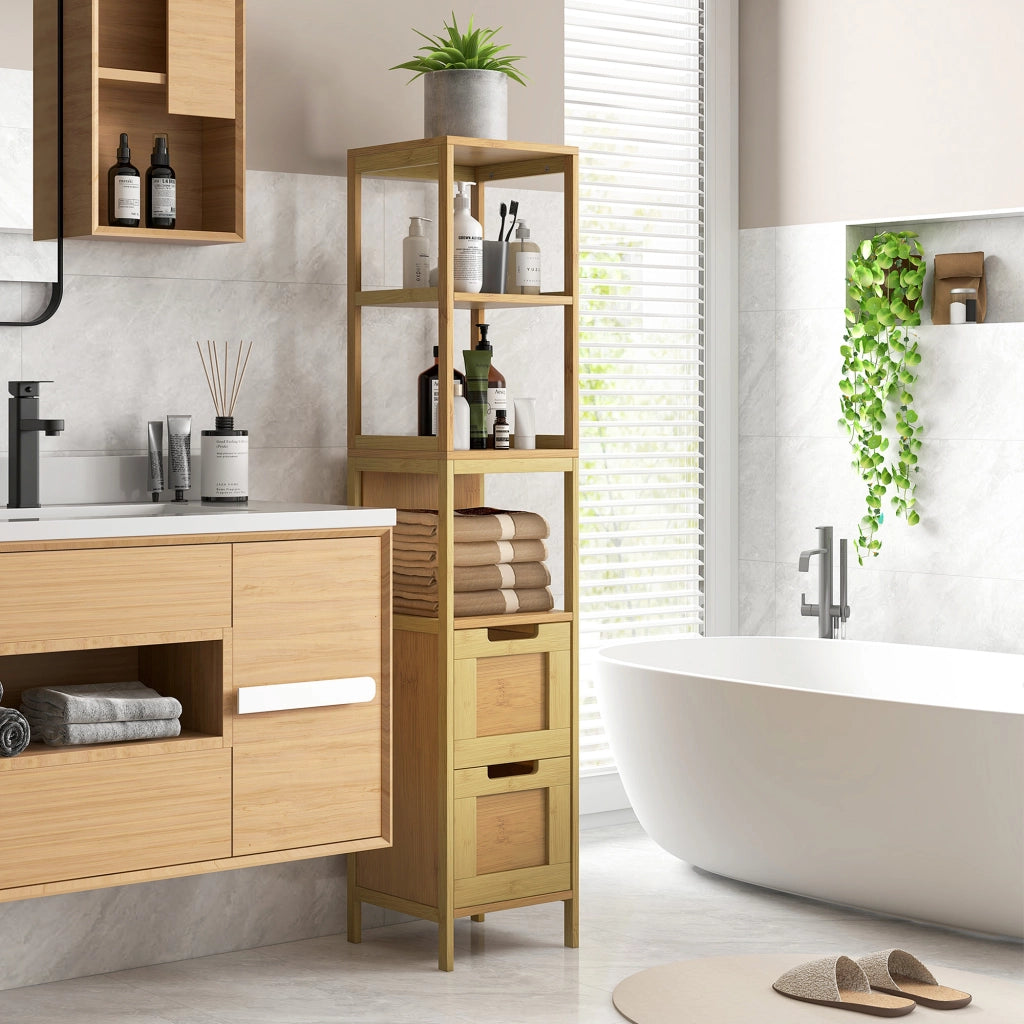 Armadietto Bagno Alto con 3 Ripiani e 2 Cassetti in Bamb¨´ ¨C Minimal ¨C 30x30x144 cm