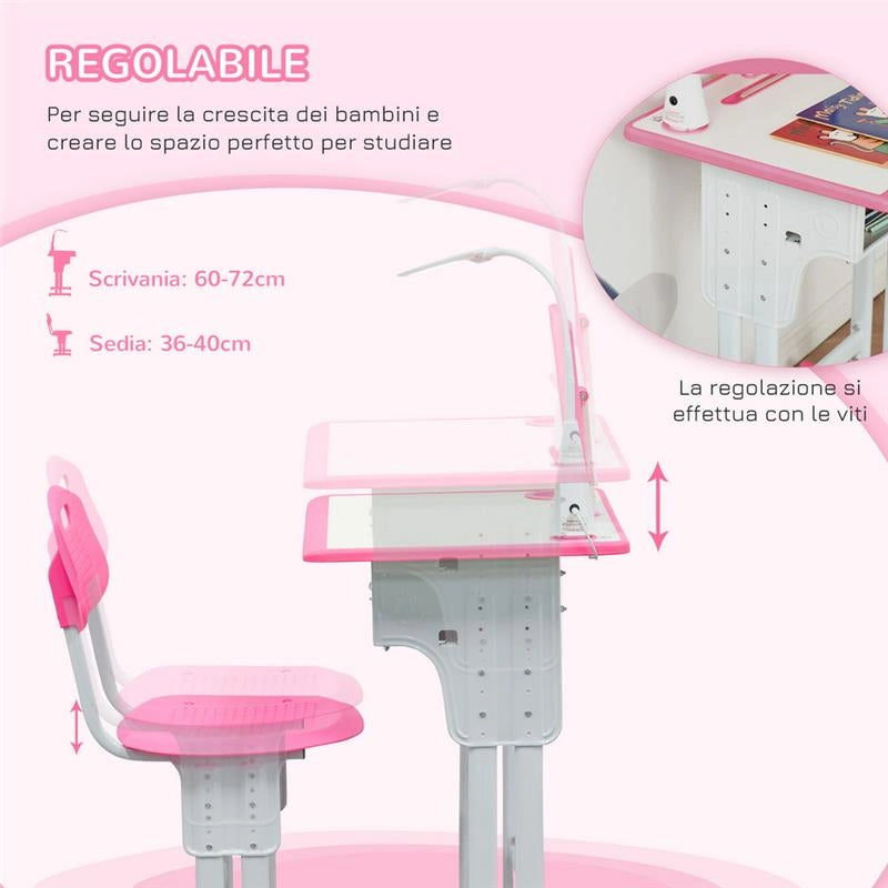 BANCO SCUOLA CON SEDIA AD ALTEZZA REGOLABILE E LUCE PER BAMBINI 6-12 ANNI ROSA