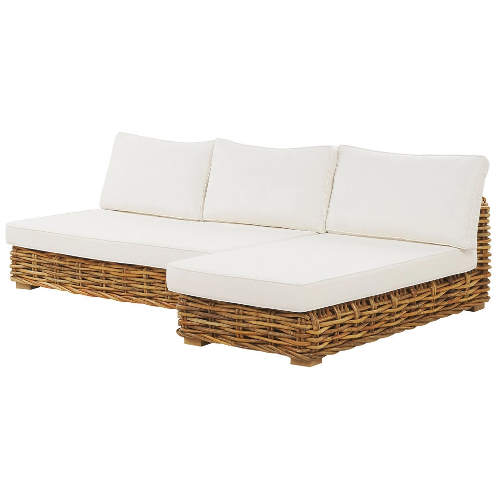 Set di conversazione da giardino cuscini bianchi in rattan naturale divano da esterno con tavolino sinistro