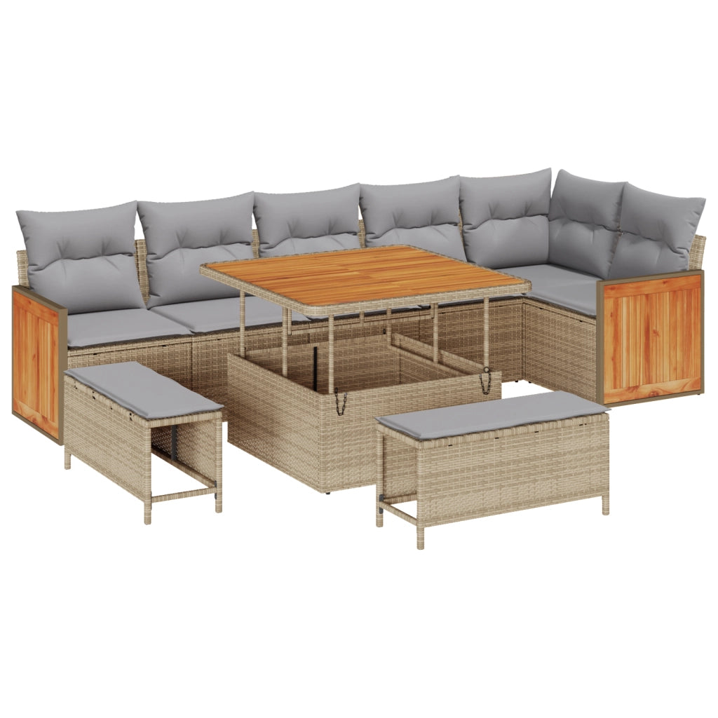 Set Divano Giardino 9 Pezzi con Cuscini Beige Rattan Sintetico Acacia