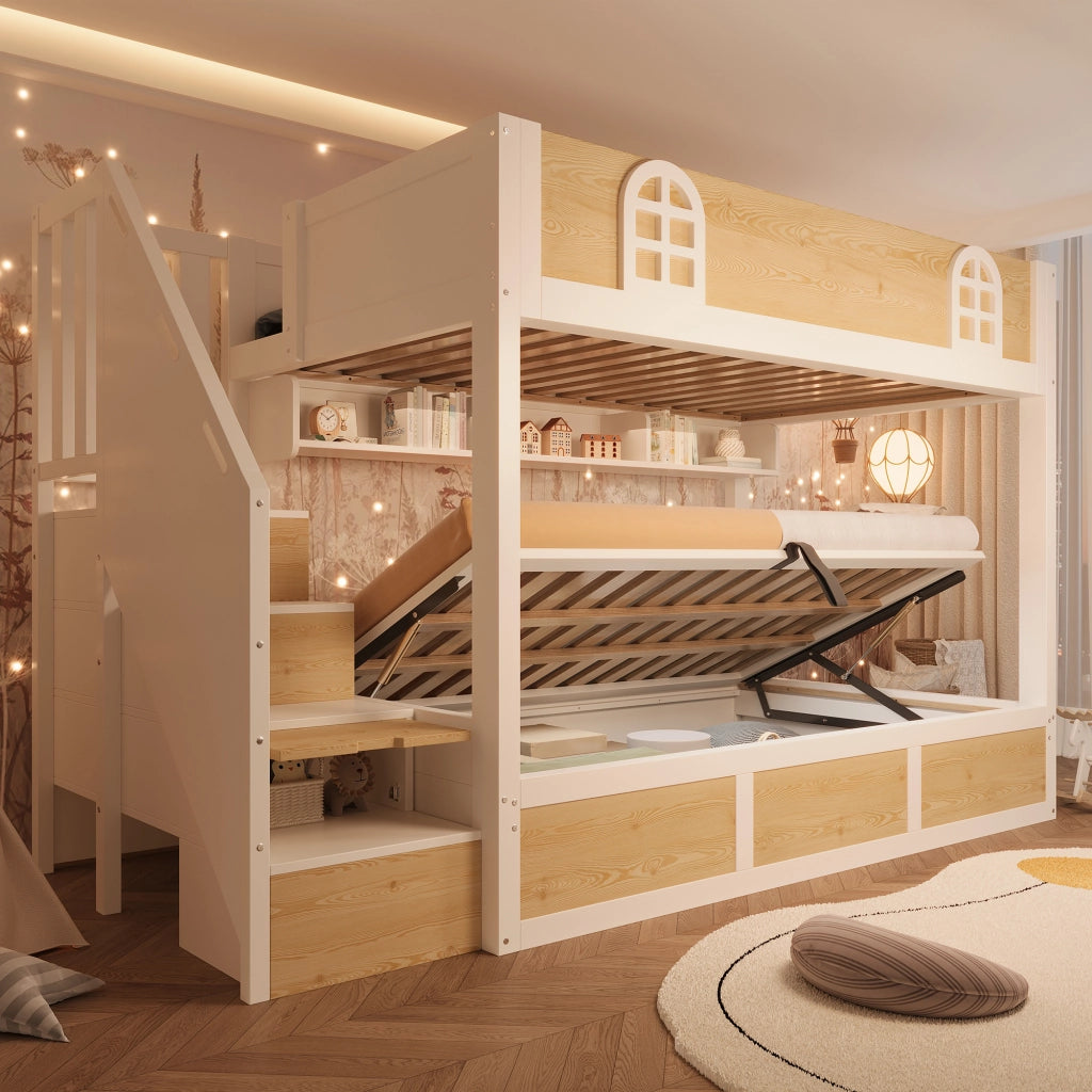 Letto a castello 90x200 cm per bambini con scala contenitore e vano sollevabile; MDF bianco e naturale