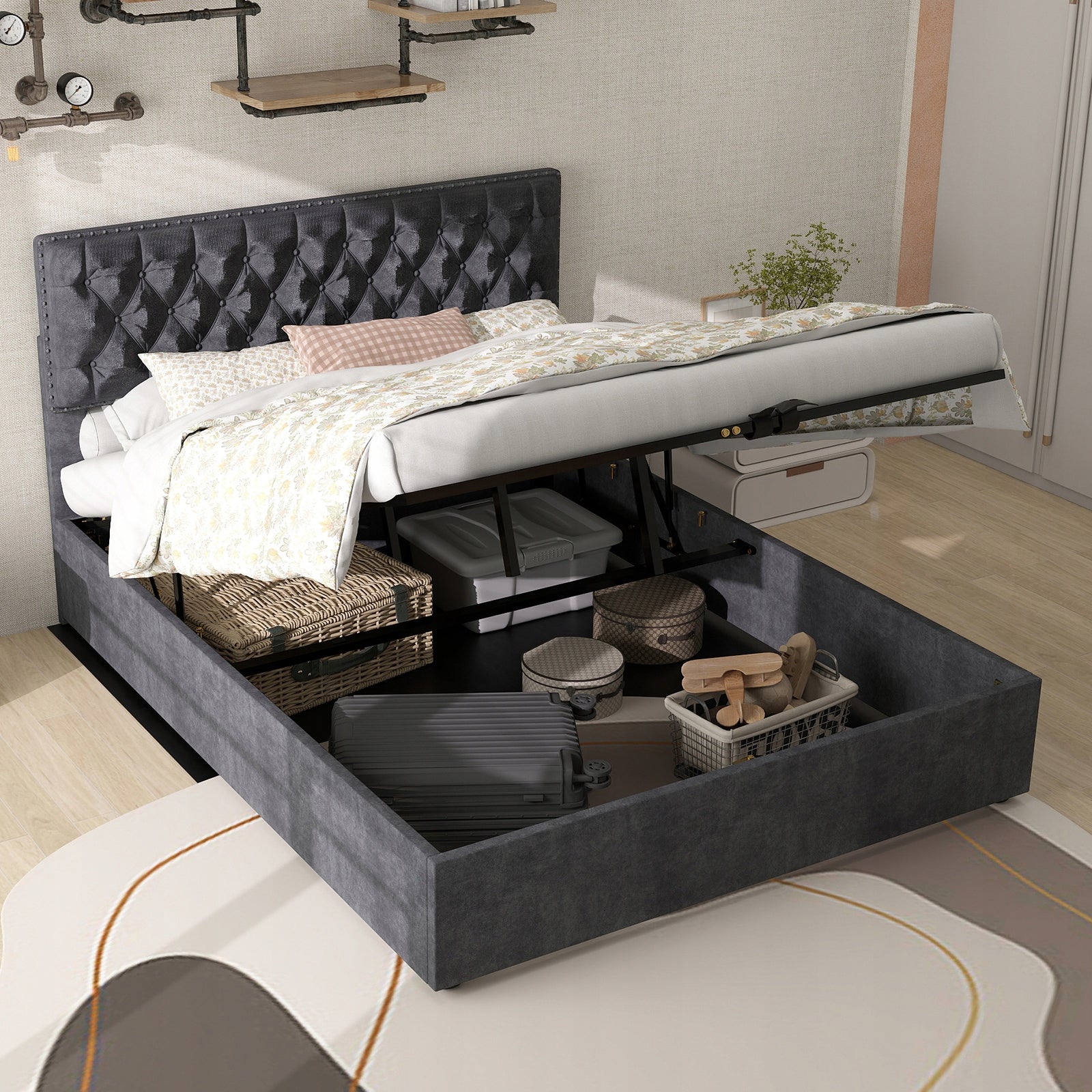 Letto imbottito 140x200 grigio - Xylo - Base sollevabile